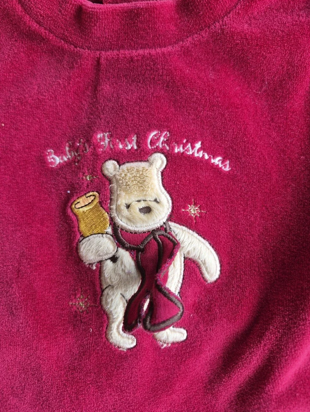 Vintage Classic Pooh Disney Baby First Christmas Velour Set 3pc Romper Bib Y2K